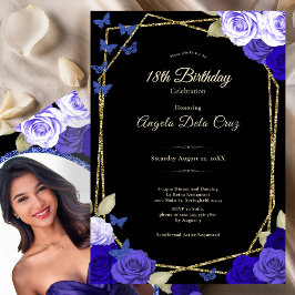 Elegant Black Gold Blue Roses 18th Birthday Debut  Inbjudningar