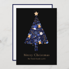 Elegant Black Gold Blue Script Christmas Tree Julkort