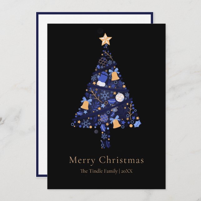 Elegant Black Gold Blue Script Christmas Tree Julkort (Fram/baksida)