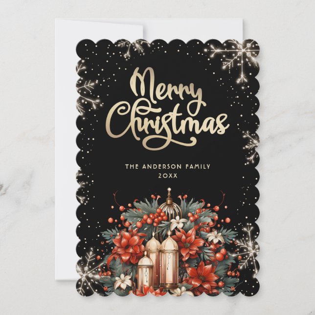 Elegant Black Gold Botanical Christmas Card Julkort (Framsida)