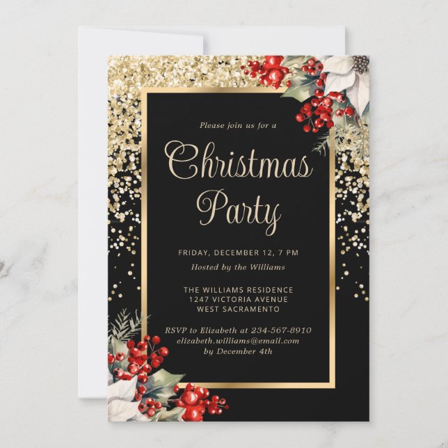 Elegant Black Gold Botanical Christmas Party Inbjudningar (Framsida)