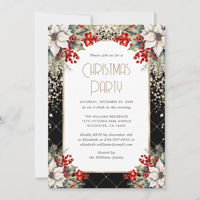 Elegant Black Gold Botanical Christmas Party Inbjudningar (Framsida)