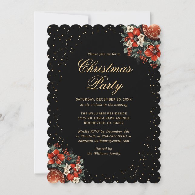 Elegant Black Gold Botanical Christmas Party Inbjudningar (Framsida)