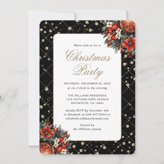 Elegant Black Gold Botanical Christmas Party Inbjudningar (Framsida)