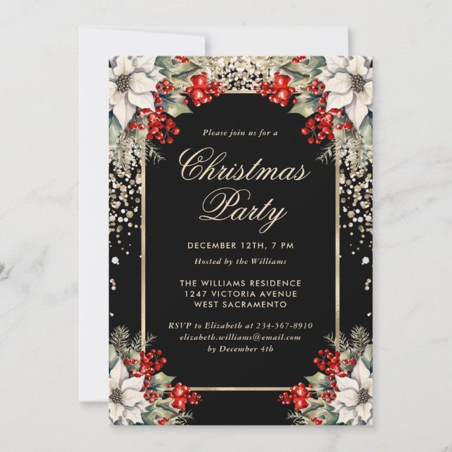 Elegant Black Gold Botanical Christmas Party Inbjudningar (Framsida)