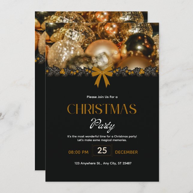 Elegant Black Gold Christmas Invitation Inbjudningar (Fram/baksida)