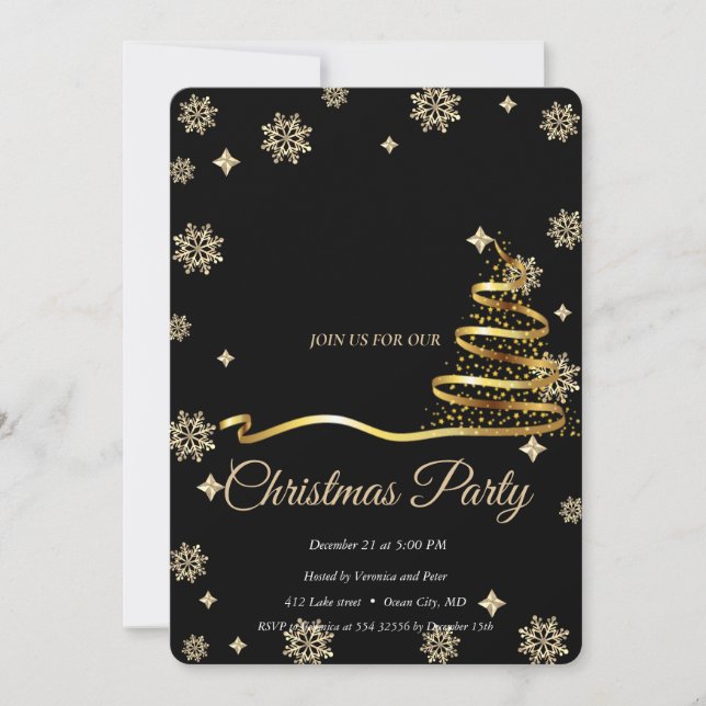 Elegant Black -Gold  Christmas Tree Inbjudningar (Framsida)