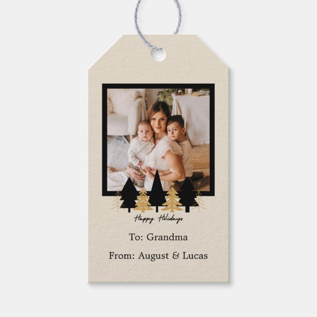 Elegant Black & Gold Christmas Tree Presentetikett (Framsidan)