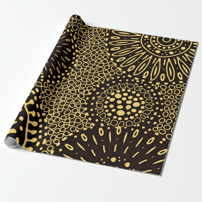 Elegant Black Gold Ethnic Floral Wrapping Paper Presentpapper (Utrullad)