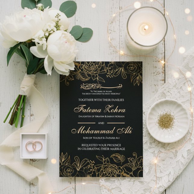 Elegant Black Gold Floral Muslim Wedding Nikah Inbjudningar (Skapare uppladdad)
