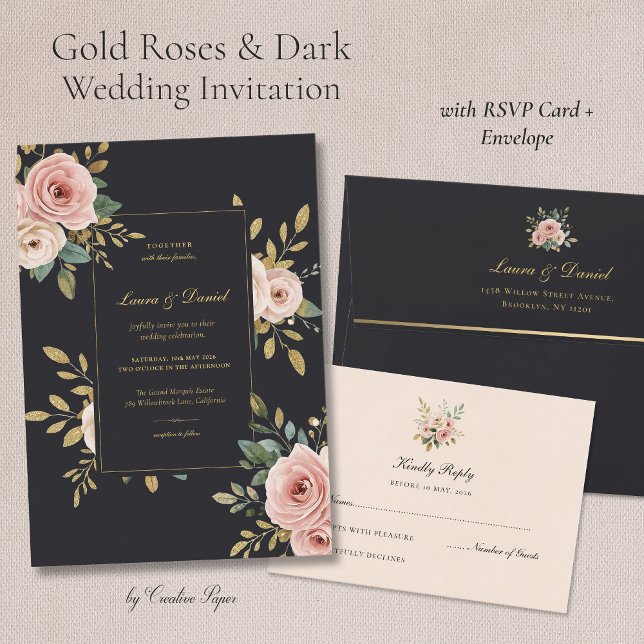 Elegant Black & Gold Floral Wedding Invitation Inbjudningar (Skapare uppladdad)