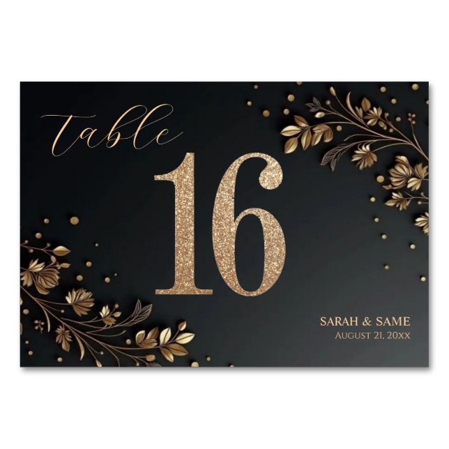 Elegant Black Gold Floral Wedding Table Card Bordsnummer (Framsidan)