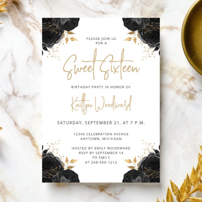 Elegant Black Gold Floral White Sweet 16 Party Inbjudningar (Skapare uppladdad)