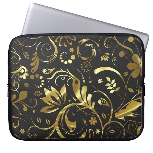 Elegant Black & Gold Foil Blommigt Damasker Laptop Fodral (Framsidan)