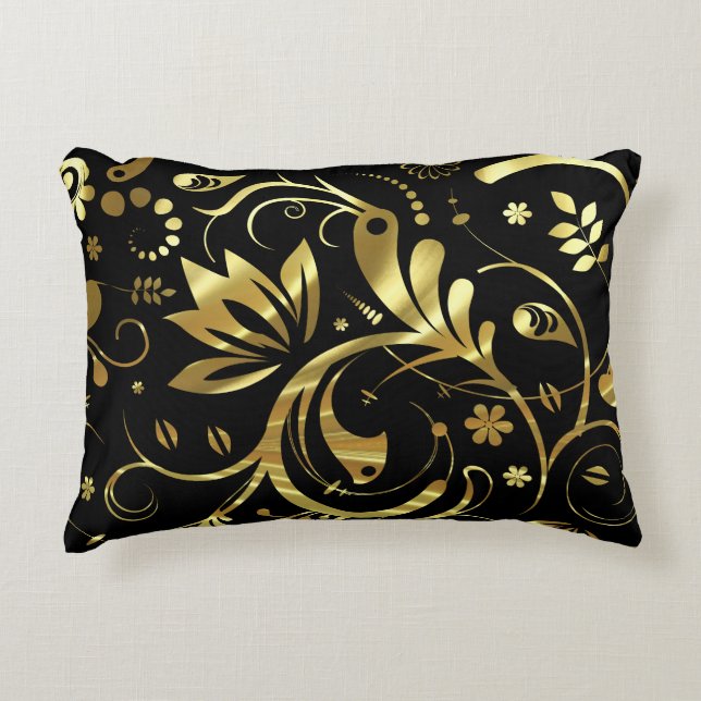 Elegant Black & Gold Foil Blommigt Damasker Prydnadskudde (Framsidan)