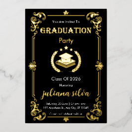 Elegant Black & Gold Foil Graduation Invitation