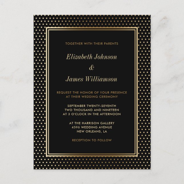 Elegant Black & Gold Foil Polka Dot Bröllop Inbjudan Vykort (Framsida)