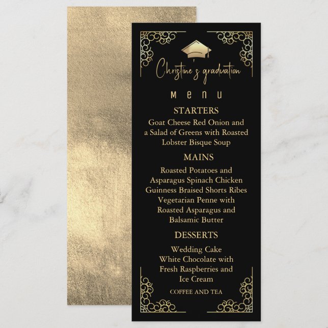Elegant Black Gold foil Studenten Meny (Fram/baksida)