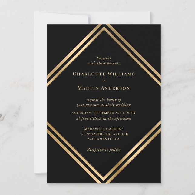 Elegant Black Gold Geometric Wedding Inbjudningar (Framsida)