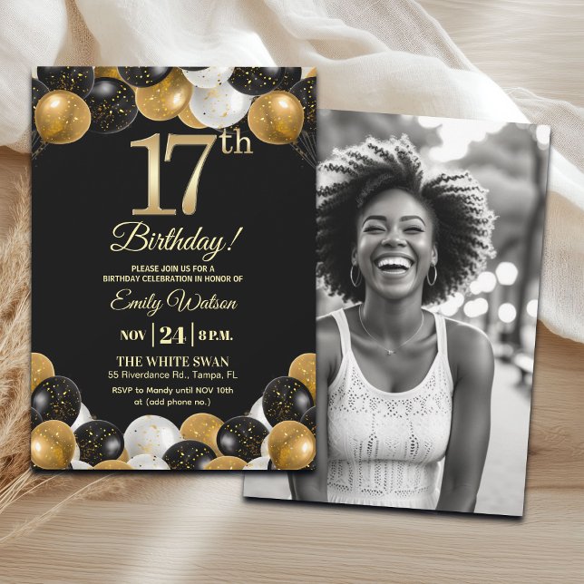 Elegant Black Gold Glitter 17th Birthday Photo Inbjudningar (Skapare uppladdad)