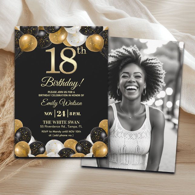 Elegant Black Gold Glitter 18th Birthday Photo Inbjudningar (Skapare uppladdad)