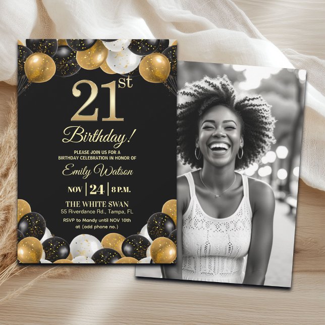 Elegant Black Gold Glitter 21st Birthday Photo Inbjudningar (Skapare uppladdad)