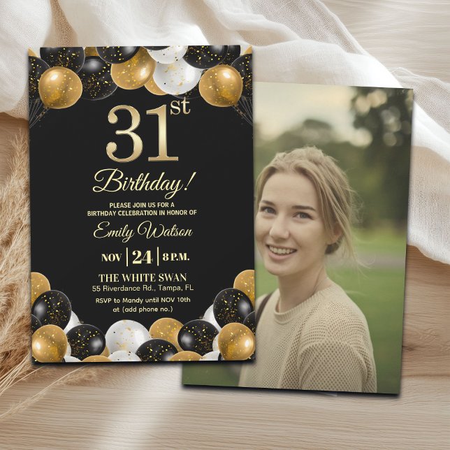 Elegant Black Gold Glitter 31st Birthday Photo Inbjudningar (Skapare uppladdad)