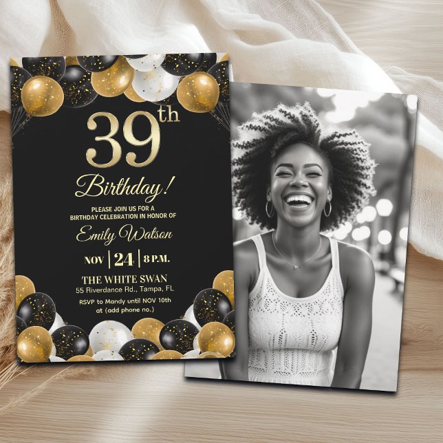 Elegant Black Gold Glitter 39th Birthday Photo Inbjudningar (Skapare uppladdad)