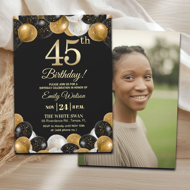 Elegant Black Gold Glitter 45th Birthday Photo Inbjudningar (Skapare uppladdad)