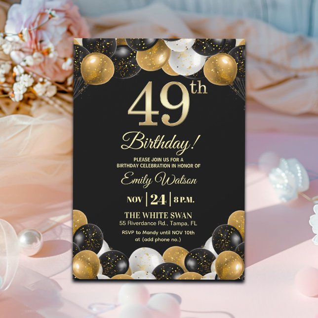 Elegant Black Gold Glitter 49th Birthday Party Inbjudningar (Skapare uppladdad)