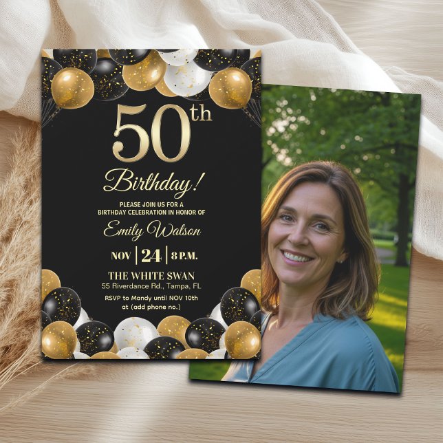 Elegant Black Gold Glitter 50th Birthday Photo Inbjudningar (Skapare uppladdad)