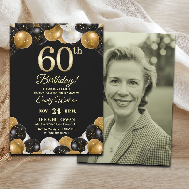 Elegant Black Gold Glitter 60th Birthday Photo Inbjudningar (Skapare uppladdad)