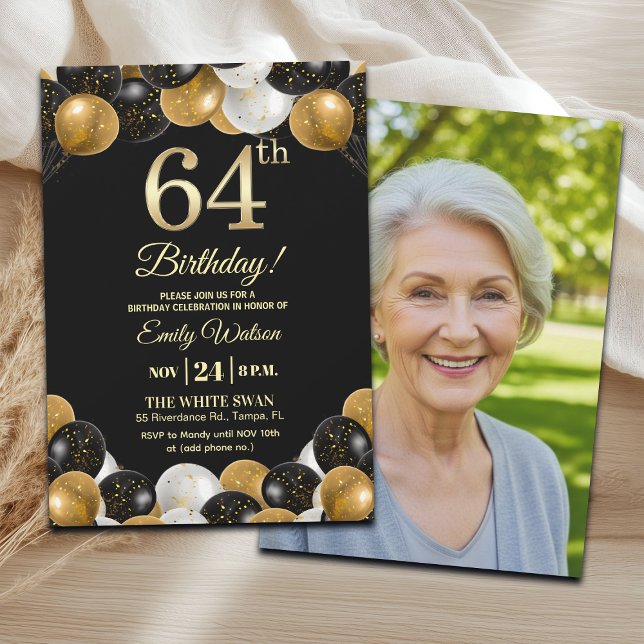 Elegant Black Gold Glitter 64th Birthday Photo Inbjudningar (Skapare uppladdad)
