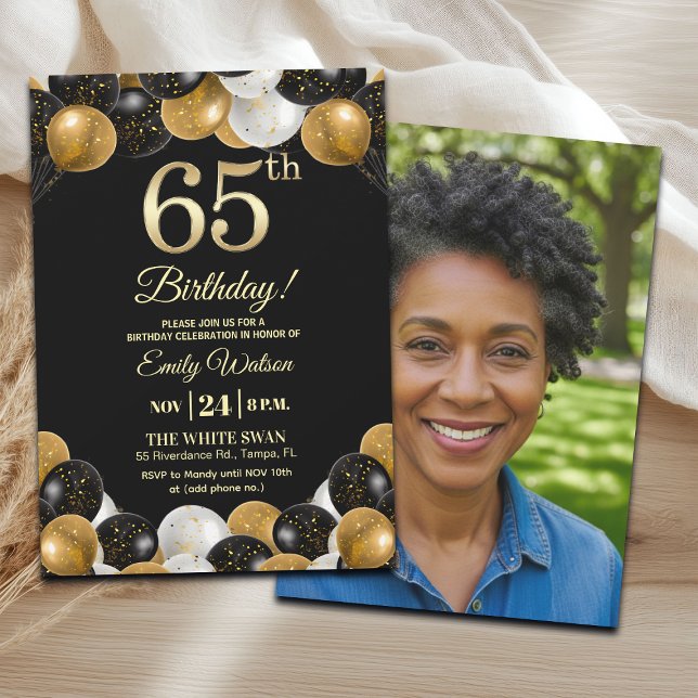 Elegant Black Gold Glitter 65th Birthday Photo Inbjudningar (Skapare uppladdad)