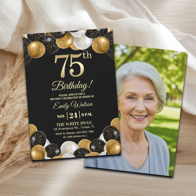 Elegant Black Gold Glitter 75th Birthday Photo Inbjudningar (Skapare uppladdad)