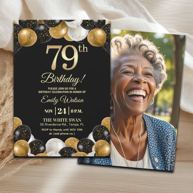 Elegant Black Gold Glitter 79th Birthday Photo Inbjudningar (Skapare uppladdad)