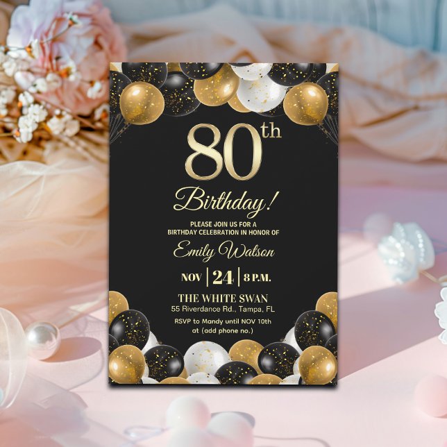 Elegant Black Gold Glitter 80th Birthday Inbjudningar (Skapare uppladdad)
