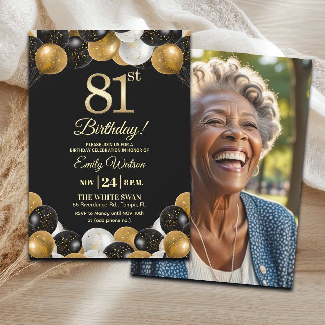 Elegant Black Gold Glitter 81st Birthday Photo Inbjudningar (Skapare uppladdad)