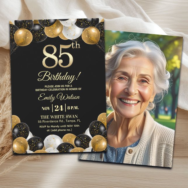 Elegant Black Gold Glitter 85th Birthday Photo Inbjudningar (Skapare uppladdad)