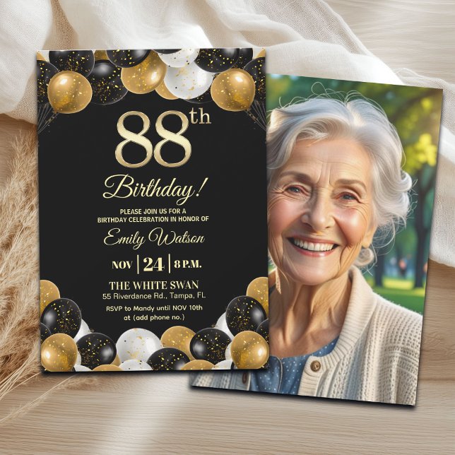 Elegant Black Gold Glitter 88th Birthday Photo Inbjudningar (Skapare uppladdad)