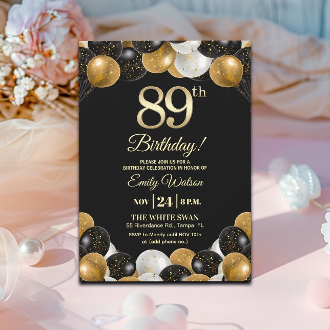 Elegant Black Gold Glitter 89th Birthday  Inbjudningar (Skapare uppladdad)