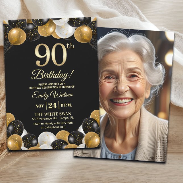 Elegant Black Gold Glitter 90th Birthday Photo Inbjudningar (Skapare uppladdad)