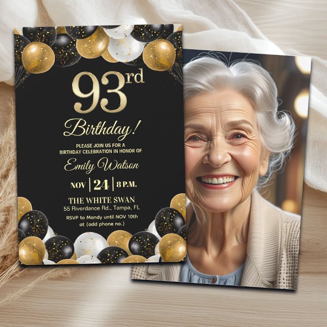 Elegant Black Gold Glitter 93rd Birthday Photo Inbjudningar (Skapare uppladdad)