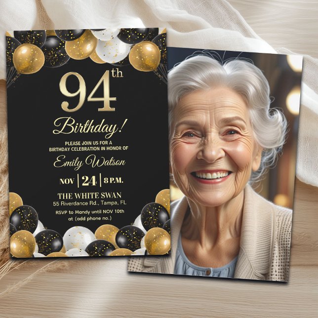 Elegant Black Gold Glitter 94th Birthday Photo Inbjudningar (Skapare uppladdad)