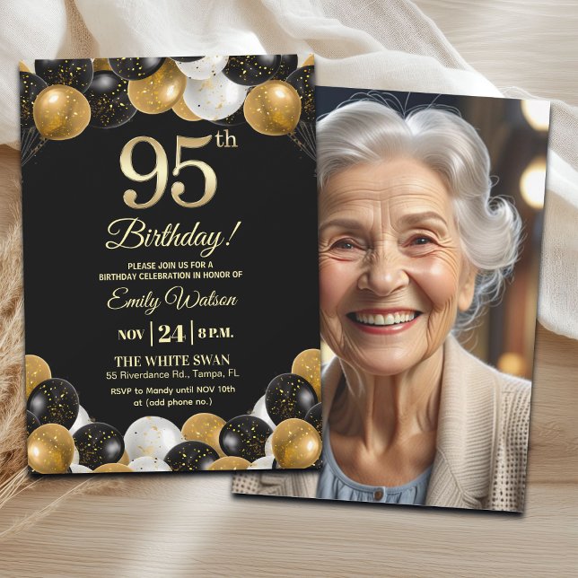 Elegant Black Gold Glitter 95th Birthday Photo Inbjudningar (Skapare uppladdad)