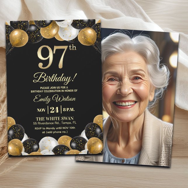 Elegant Black Gold Glitter 97th Birthday Photo Inbjudningar (Skapare uppladdad)