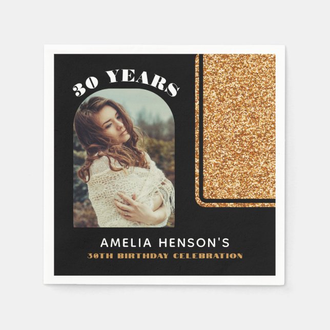 Elegant Black Gold Glitter Photo 30th Birthday  Pappersservett (Framsidan)