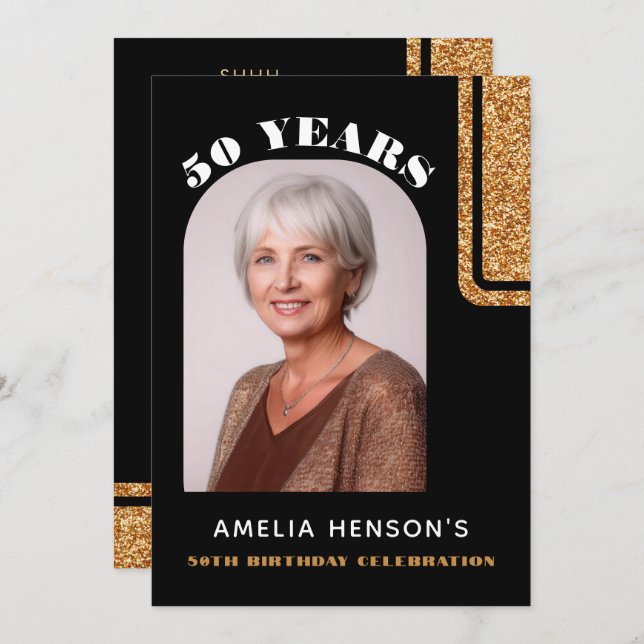 Elegant Black Gold Glitter Photo 50th Birthday Inbjudningar (Fram/baksida)