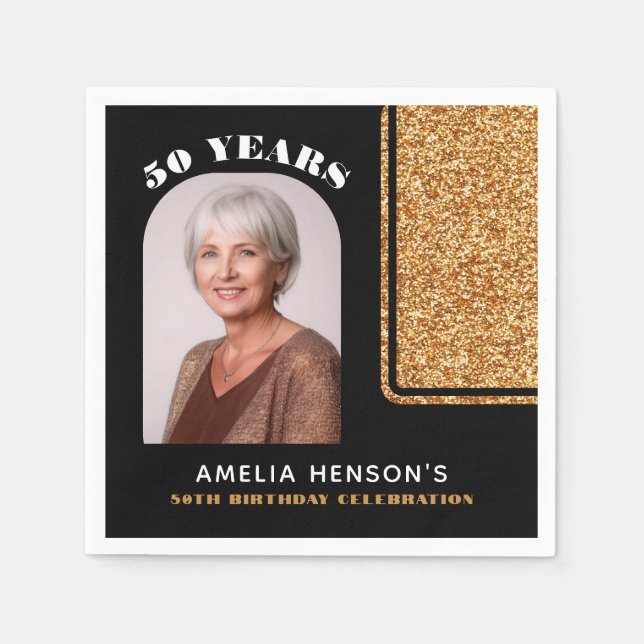 Elegant Black Gold Glitter Photo 50th Birthday  Pappersservett (Framsidan)