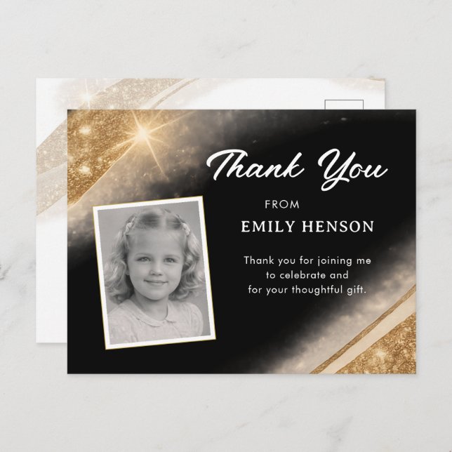 Elegant Black Gold Glitter Photo Birthday Vykort (Fram/baksida)